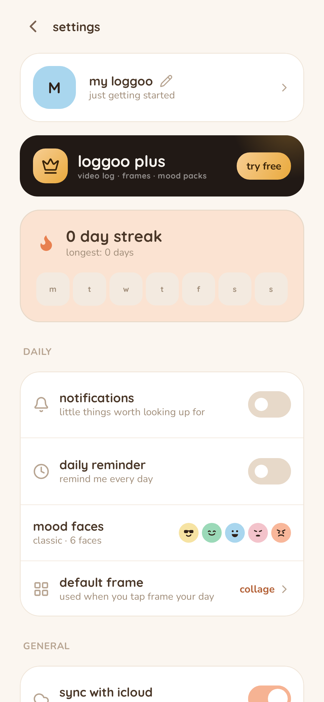 Loggoo Settings with the iCloud sync option enabled and its status visible.
