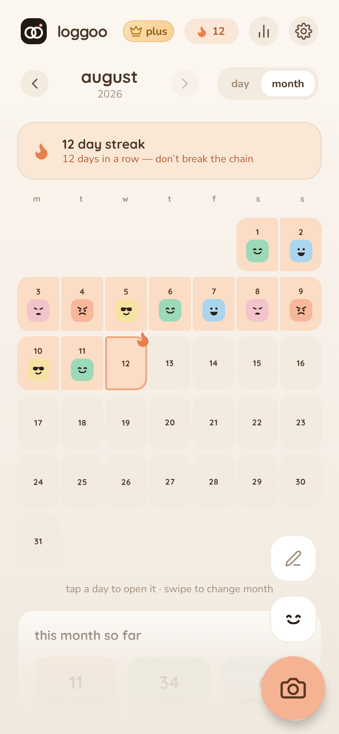 Loggoo month calendar showing mood faces, a twelve-day streak, and monthly totals.