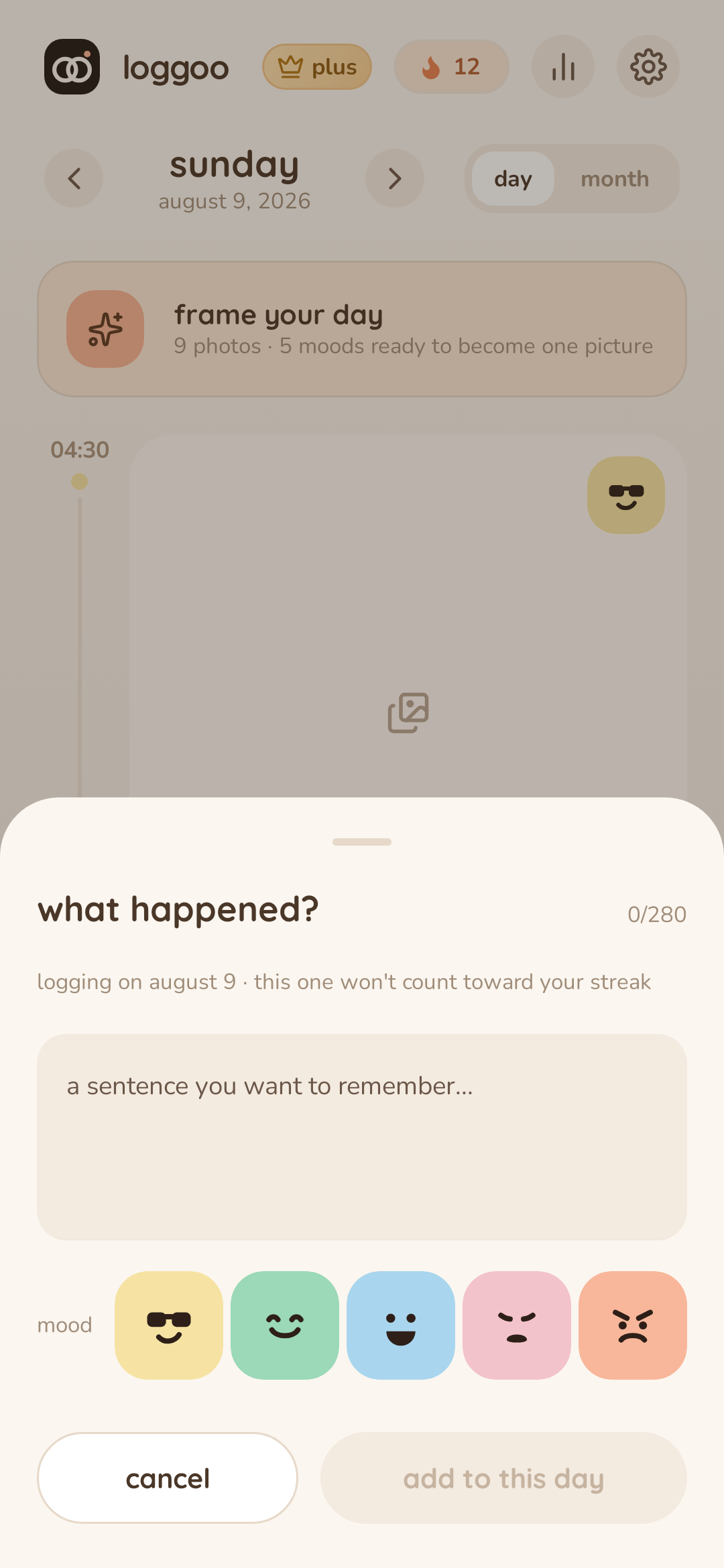 The Loggoo note sheet open over an earlier day with a text field and mood choices.