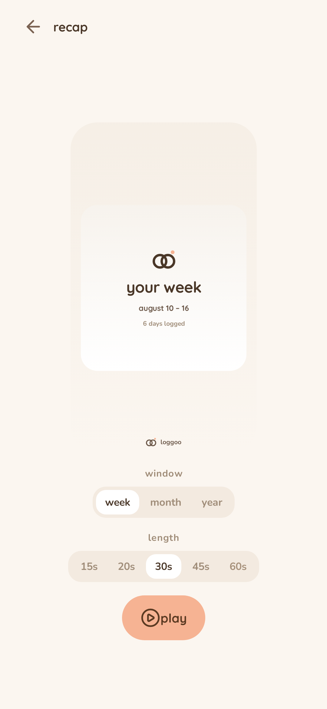 Loggoo Recap setup with week, month, and year windows and story length choices.