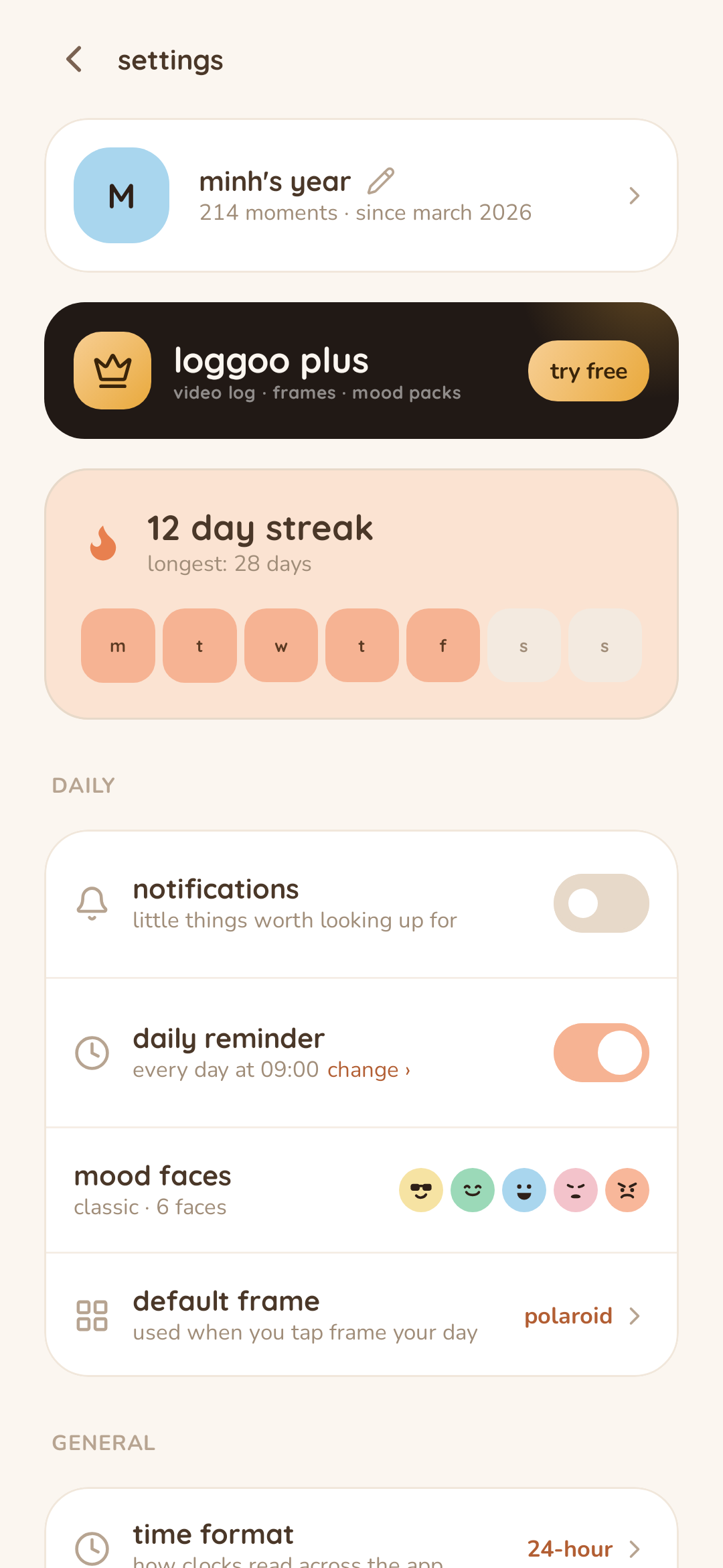 Loggoo Settings showing the album, Plus, streak, notifications, daily reminder, mood faces, and default frame.