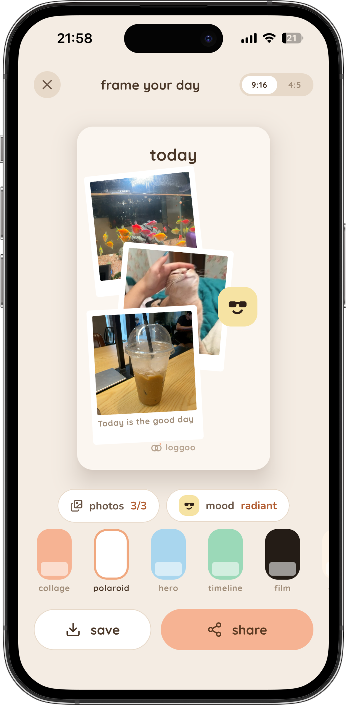 loggoo frame studio showing the polaroid template of the day