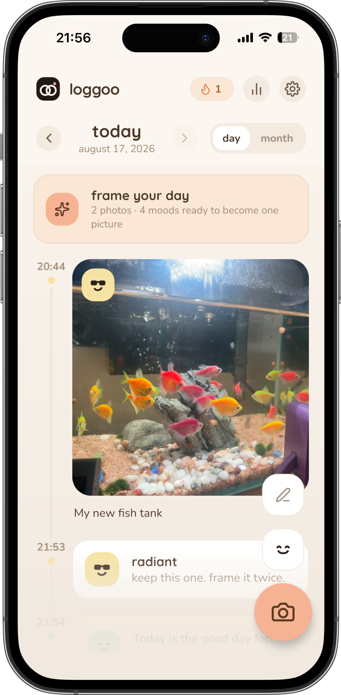 loggoo showing today's timeline with a photo, a caption and a logged mood